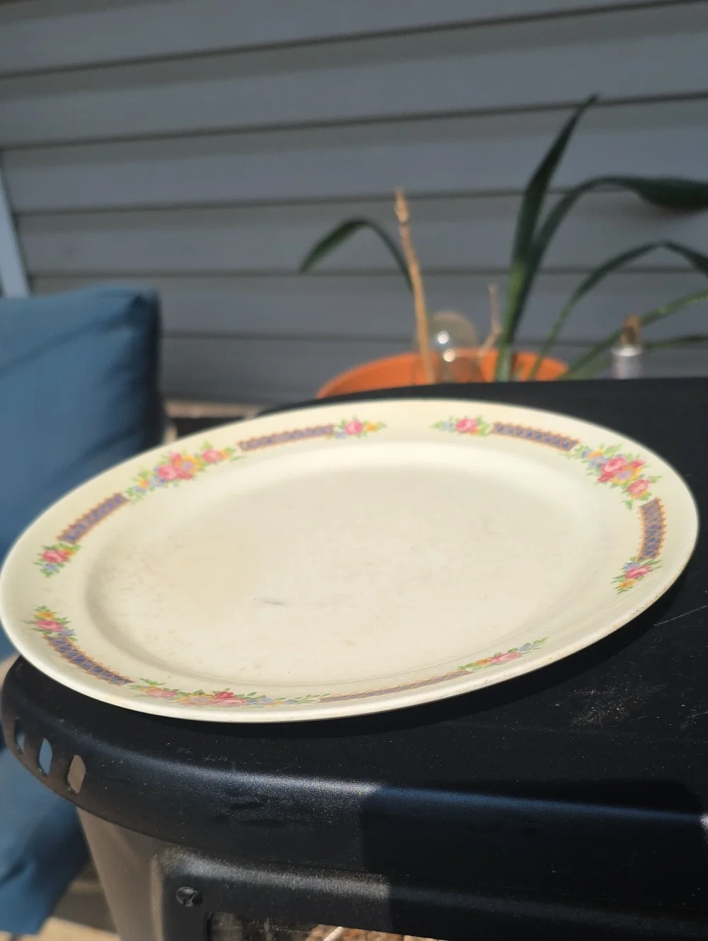 Cream Floral Ceramic Serving Bowl with Matching Plate 1940s -1960s